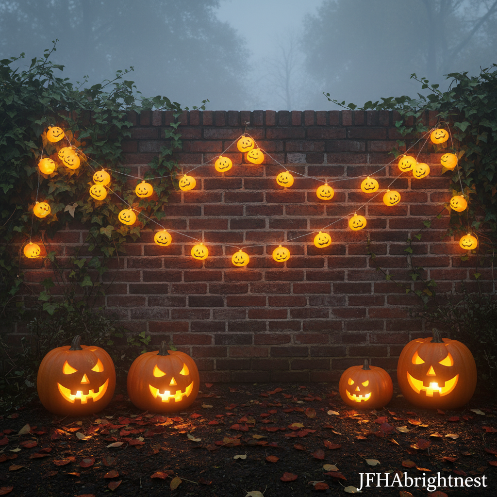 Small round jack-o-lantern pumpkin string lights on British red brick garden wall with ivy at Halloween night with JFHAbrightnest branding