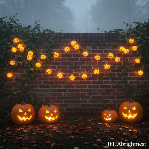 Small round jack-o-lantern pumpkin string lights on British red brick garden wall with ivy at Halloween night with JFHAbrightnest branding