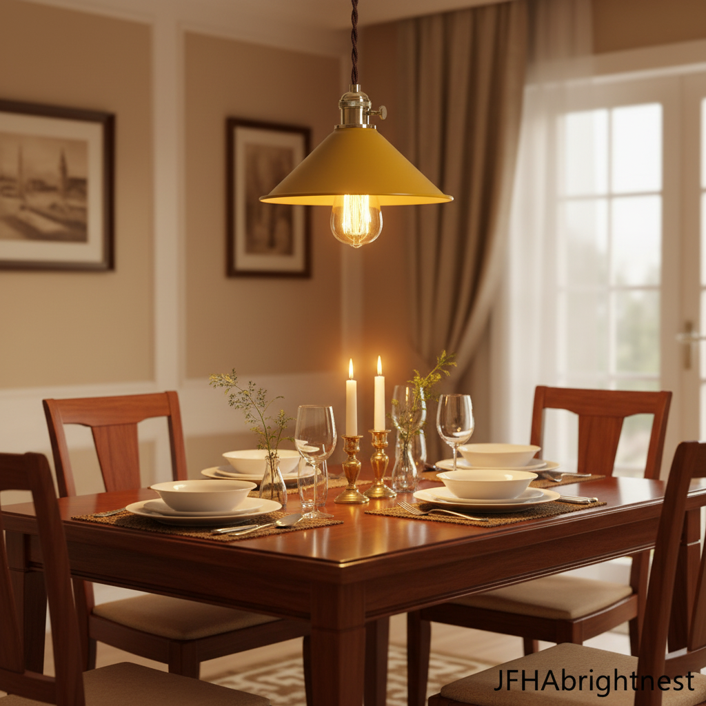Yellow cone pendant light above a dining table