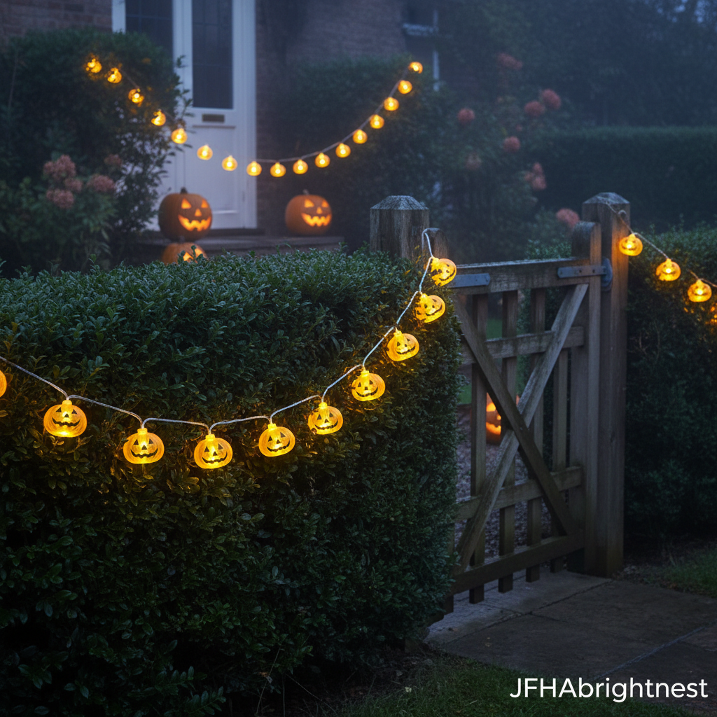 Translucent yellow pumpkin string lights along British garden hedgerow and gate at Halloween night with JFHAbrightnest branding