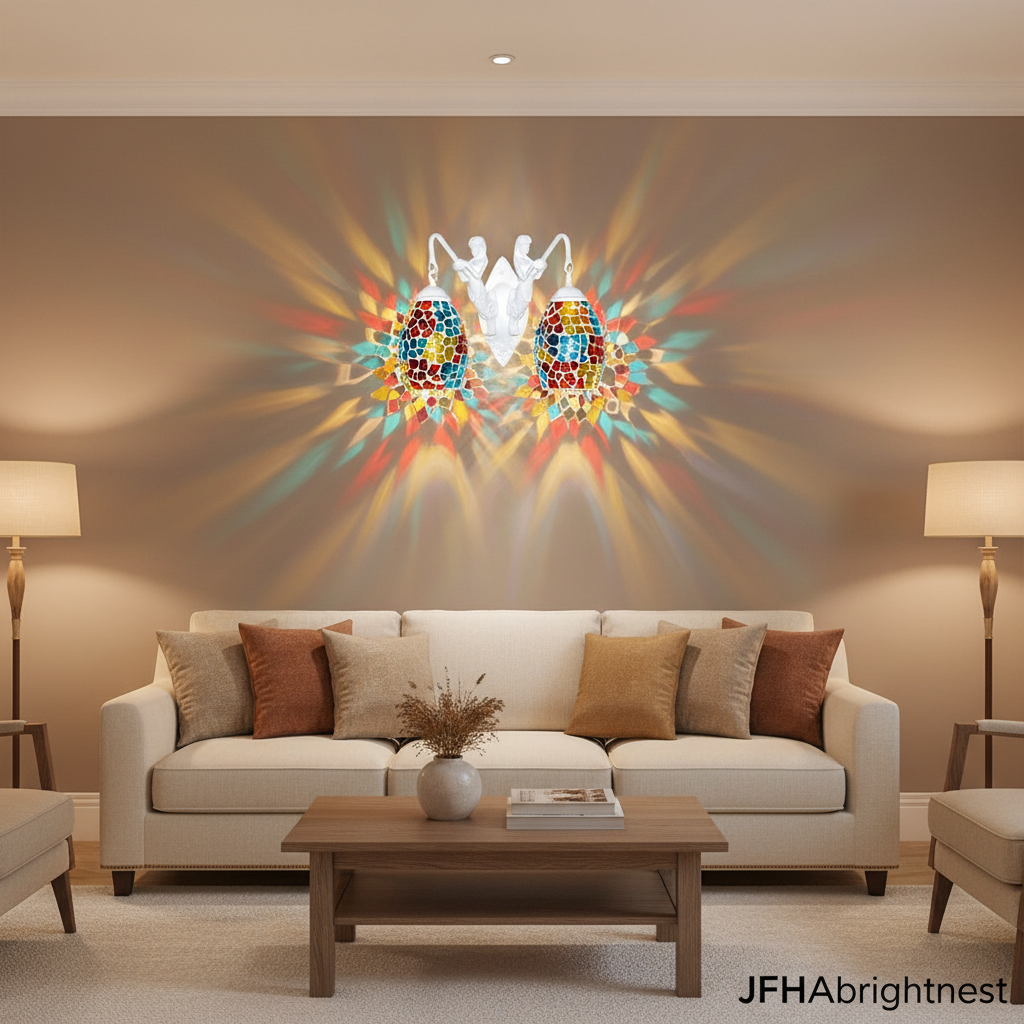 Gold Tiffany stained glass wall sconce in a living room setting