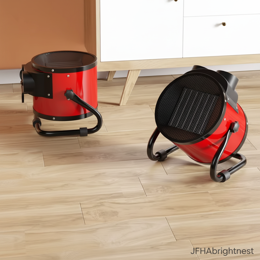Two red PTC space heaters in modern home interior lifestyle shot – JFHAbrightnest branding