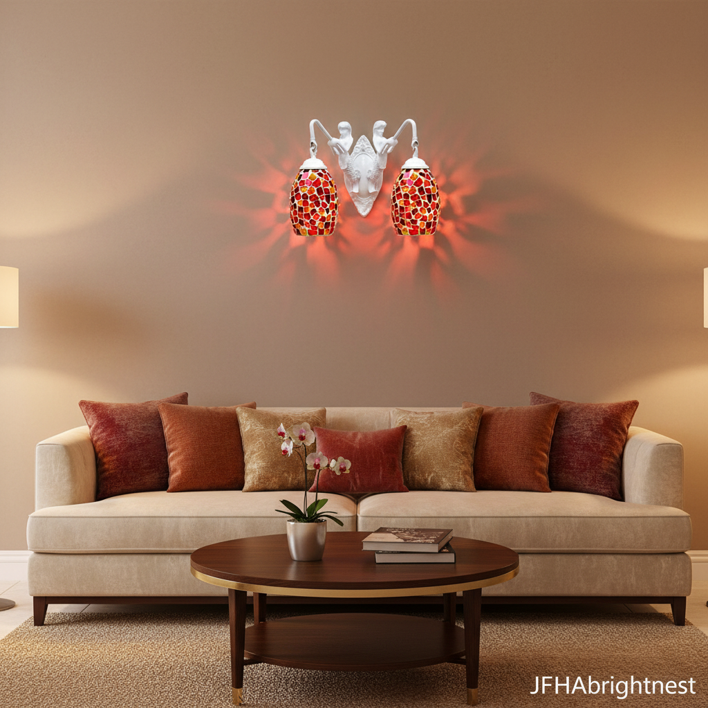 Red Tiffany stained glass wall sconce lighting a living room wall
