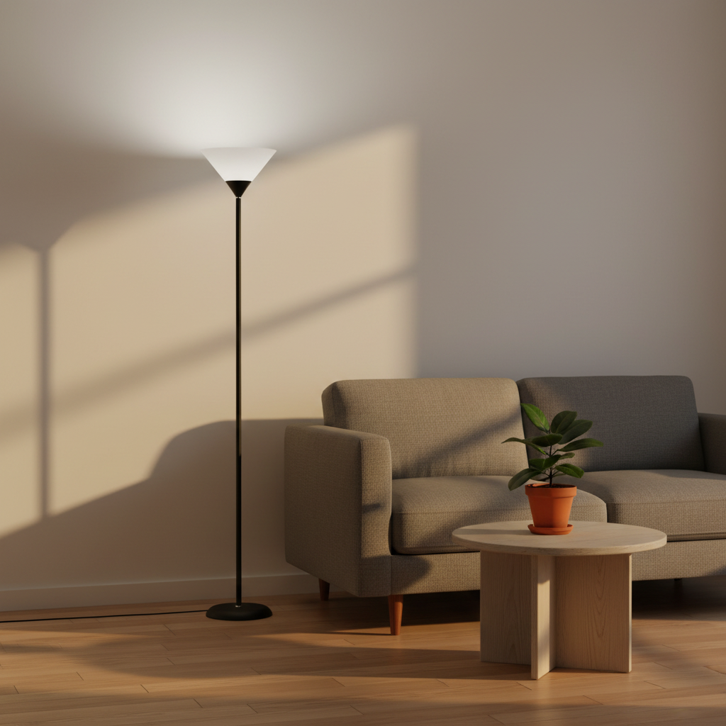 Black Coppa uplighter floor lamp beside a sofa in a warm modern living room