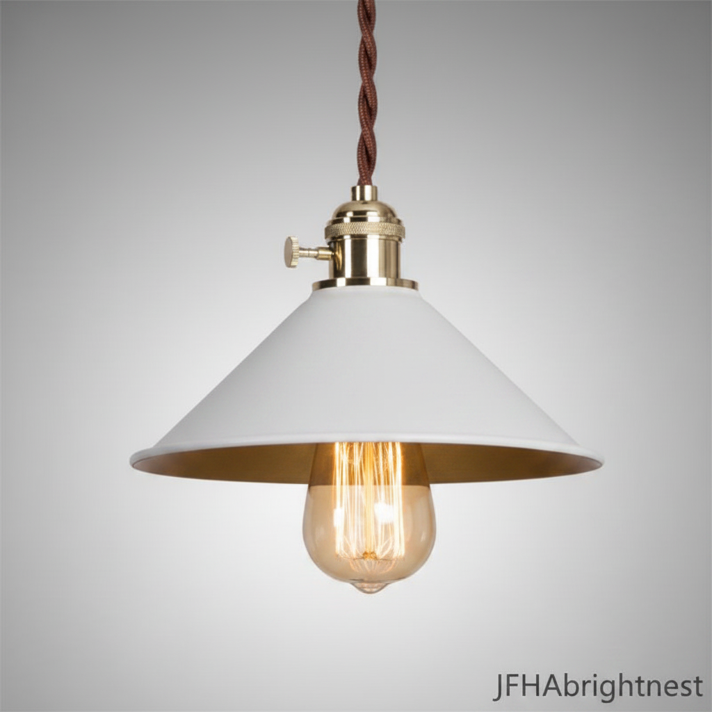 White industrial cone pendant light with adjustable rope drop - JFHA BrightNest