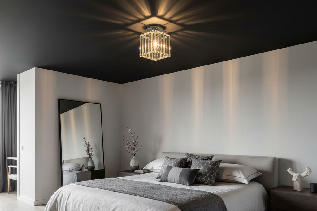 Square black acrylic flush mount ceiling light in a modern bedroom