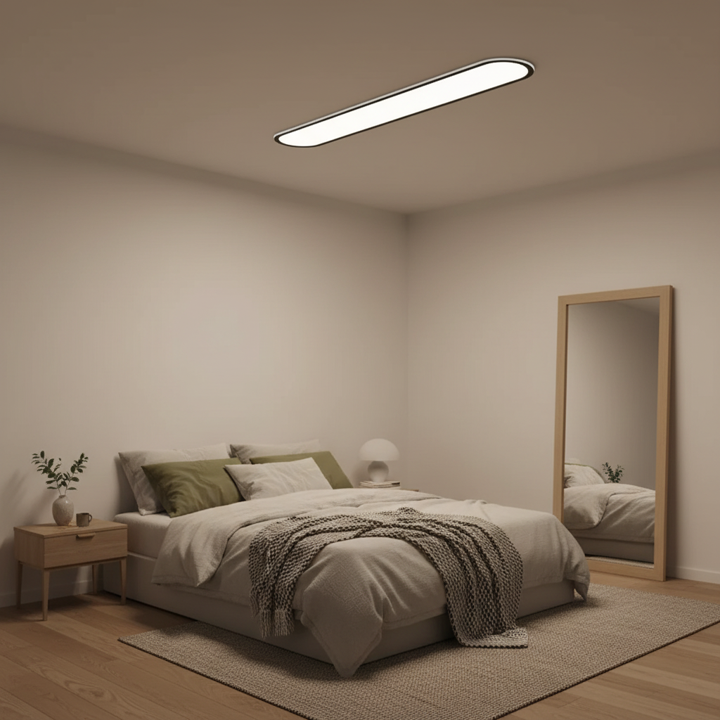 Rilo Oval Ceiling Light white frame in cosy Scandinavian bedroom