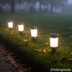 Rowan solar LED garden stake lights in autumn British garden with fallen leaves and misty evening with JFHAbrightnest branding
