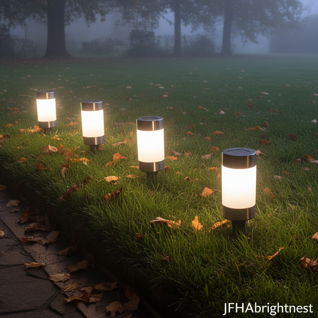 Rowan solar LED garden stake lights in autumn British garden with fallen leaves and misty evening with JFHAbrightnest branding
