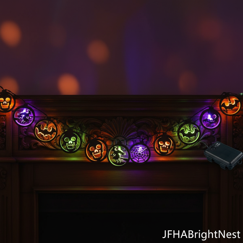Skeleton Halloween LED string light with 20 multi-colour LEDs on a 3m black cord, mantel spread – JFHABrightNest