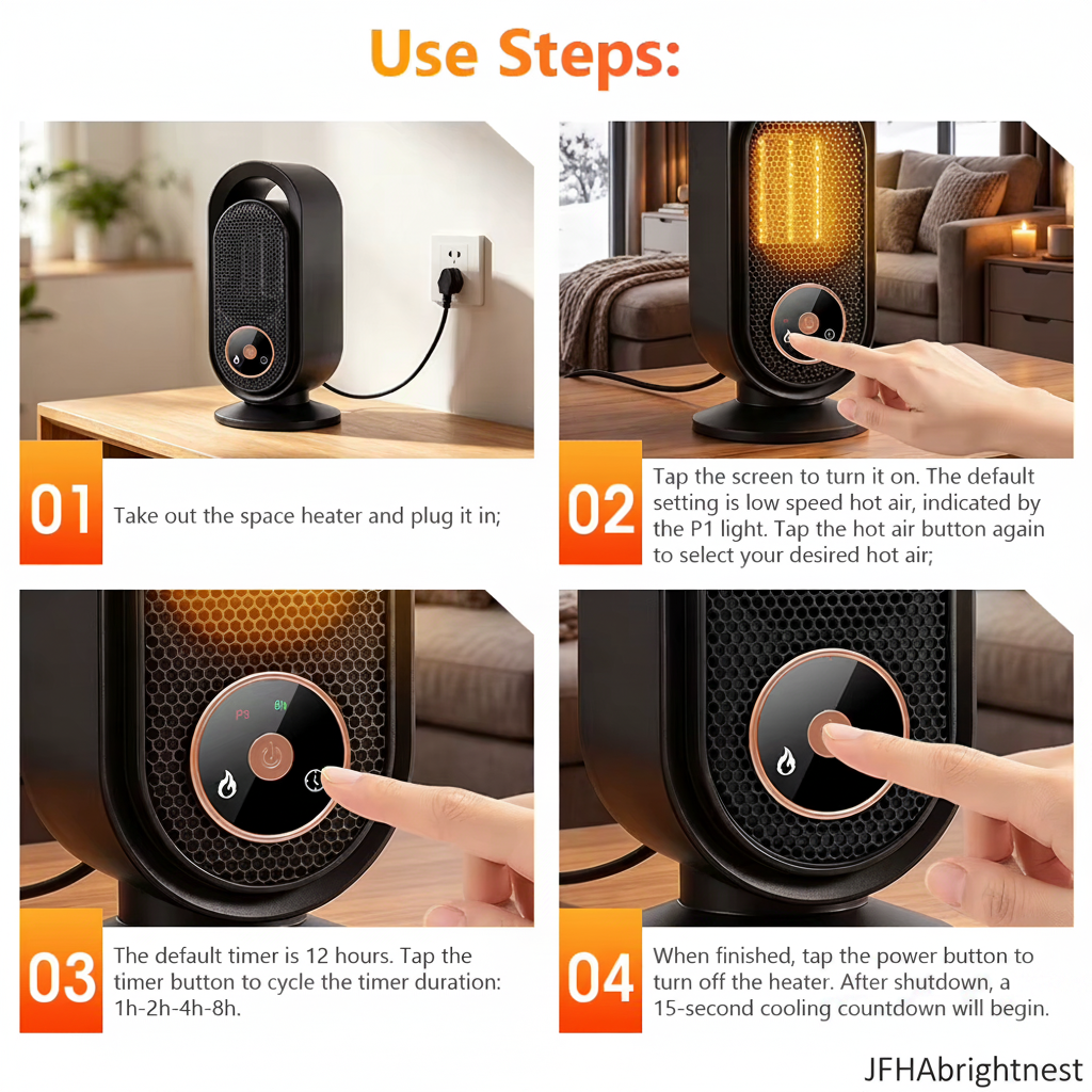 4-step usage guide infographic: plug in, turn on, set timer, turn off with 15-second cooling countdown – JFHAbrightnest branding