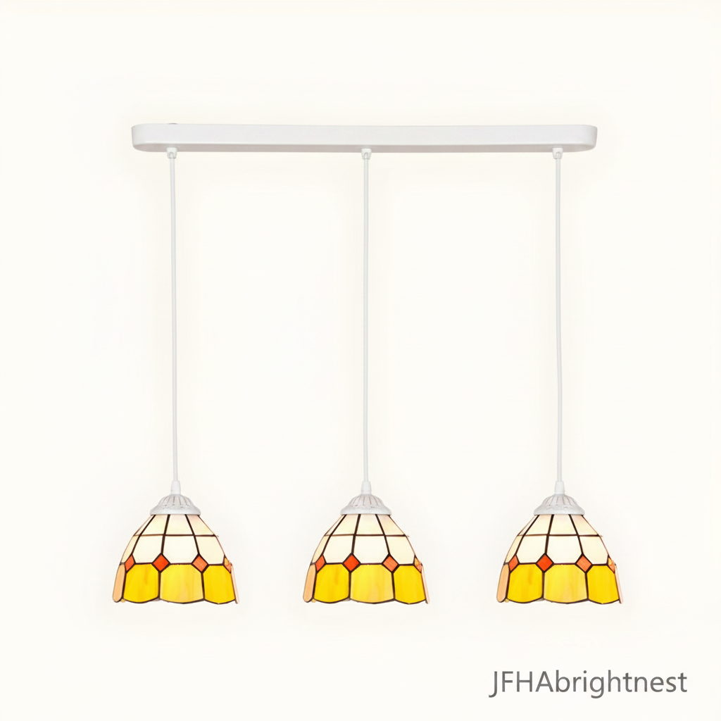 3-light Tiffany stained glass cluster pendant white frame with yellow honeycomb shade and linear canopy