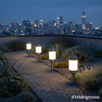 Rowan solar LED garden stake lights on rooftop garden at blue hour twilight with JFHAbrightnest branding