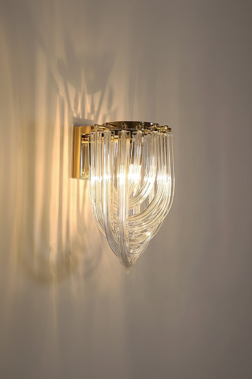 Trevi wall light with cascading curved glass rods and a polished gold frame