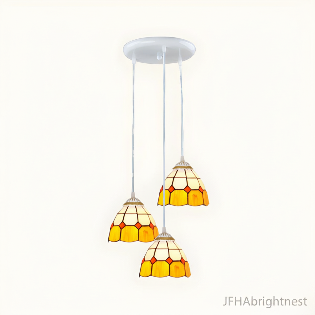 3-light Tiffany stained glass cluster pendant with white round canopy and yellow amber honeycomb shades