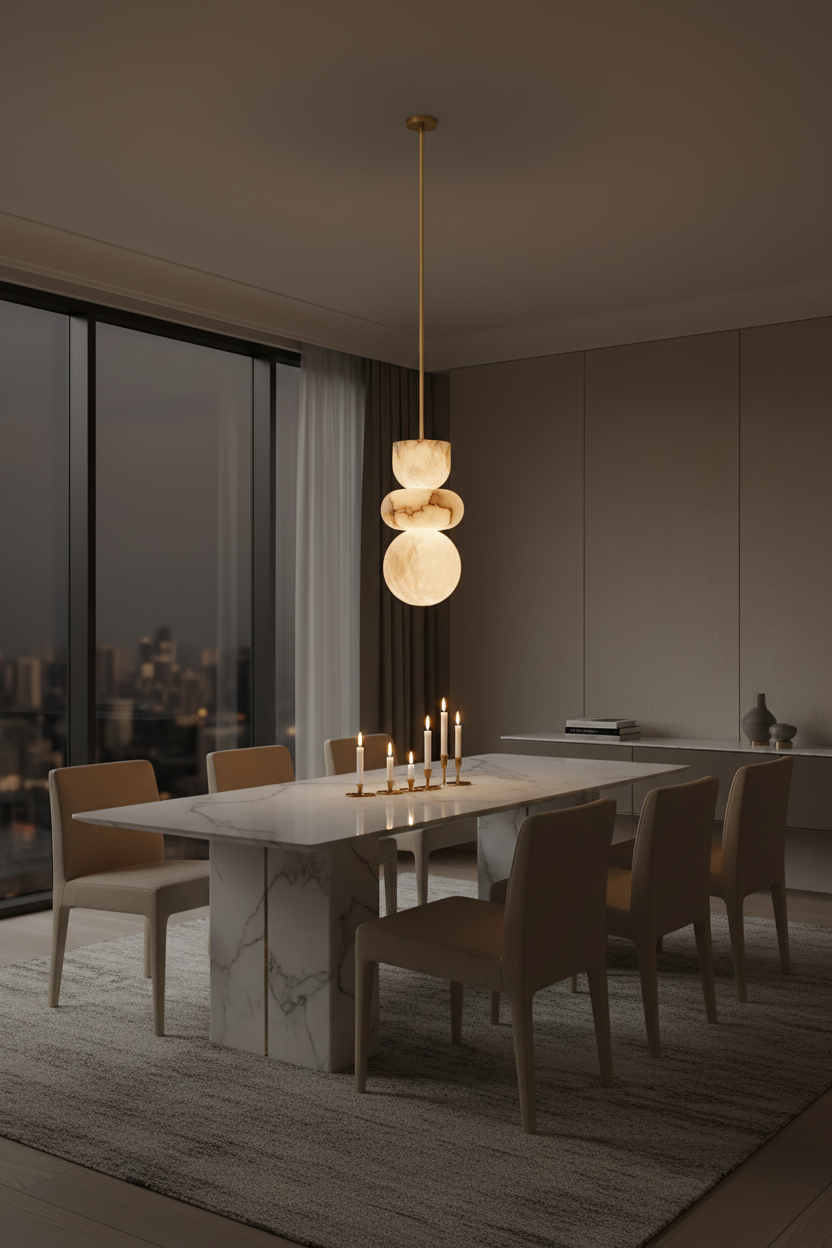 Marble pendant light on a brass pipe above a marble dining table