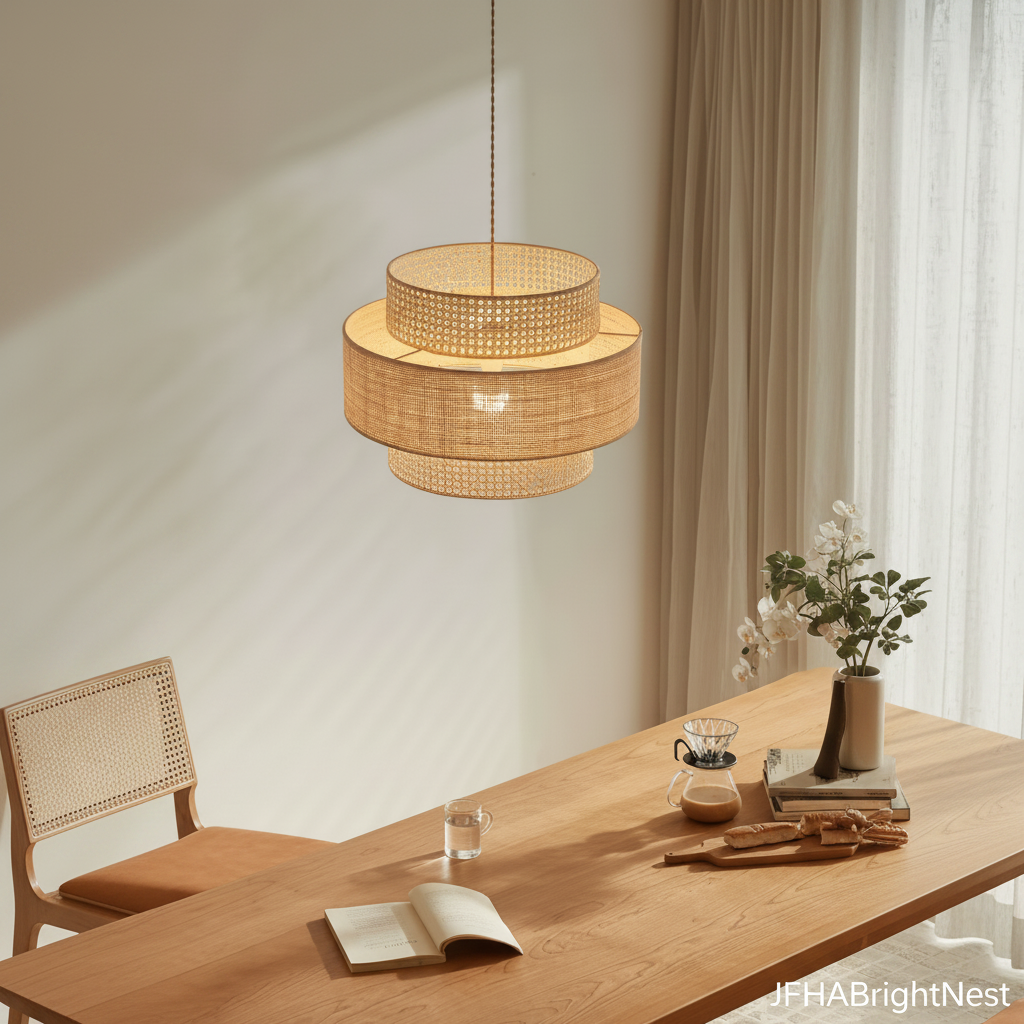 Woven rattan pendant light hanging above a wooden dining table in a calm Japandi room with sheer curtains
