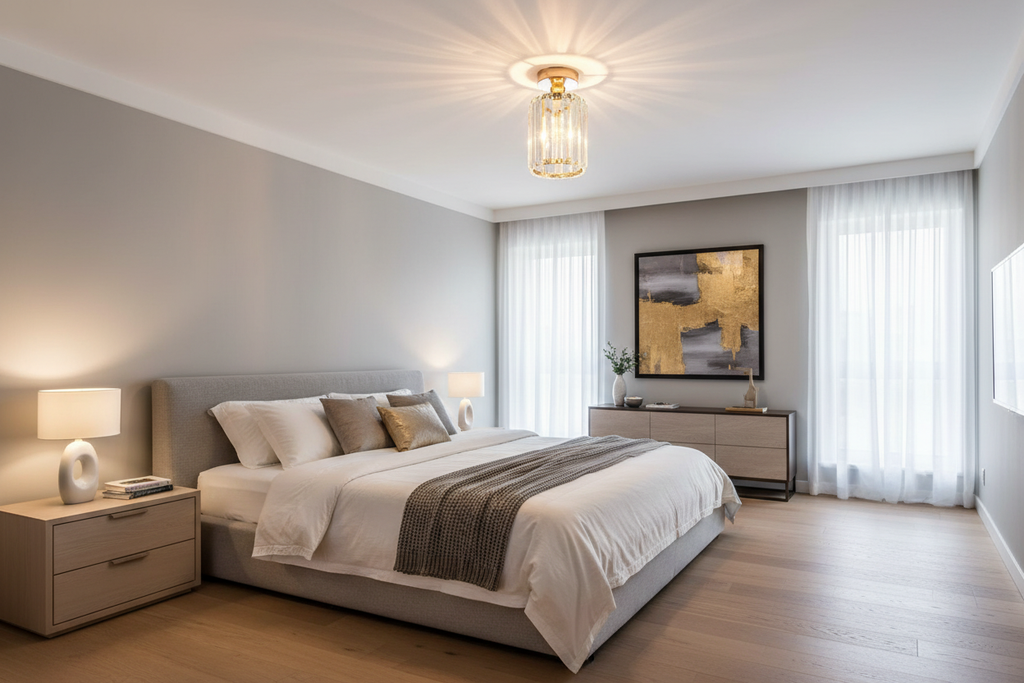 Circular gold acrylic flush mount ceiling light in a modern bedroom