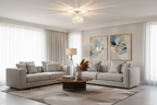 Square gold acrylic flush mount ceiling light in a modern living room