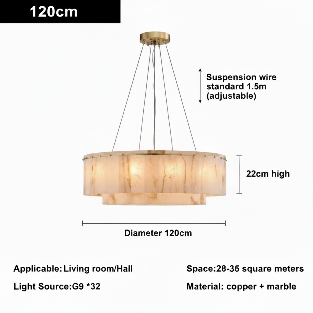 Double layer round alabaster marble chandelier, 120cm diameter and 22cm high, G9 x32, brass and marble