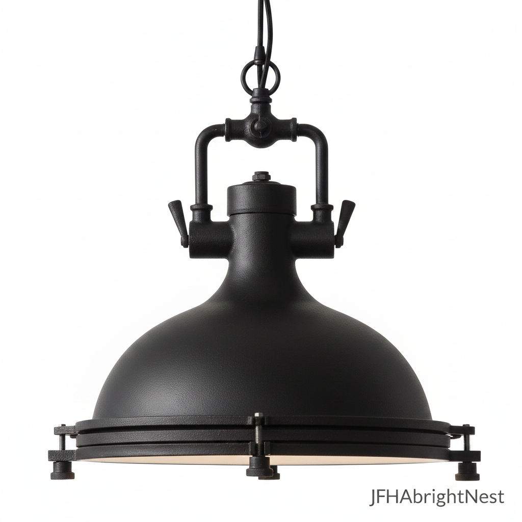 Edison Noir industrial dome pendant light in matte black, shown with chain and frosted glass diffuser