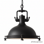 Edison Noir industrial dome pendant light in matte black, shown with chain and frosted glass diffuser