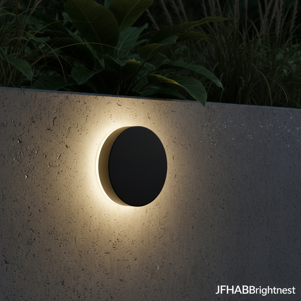 Klyne outdoor wall light in Black Round at night