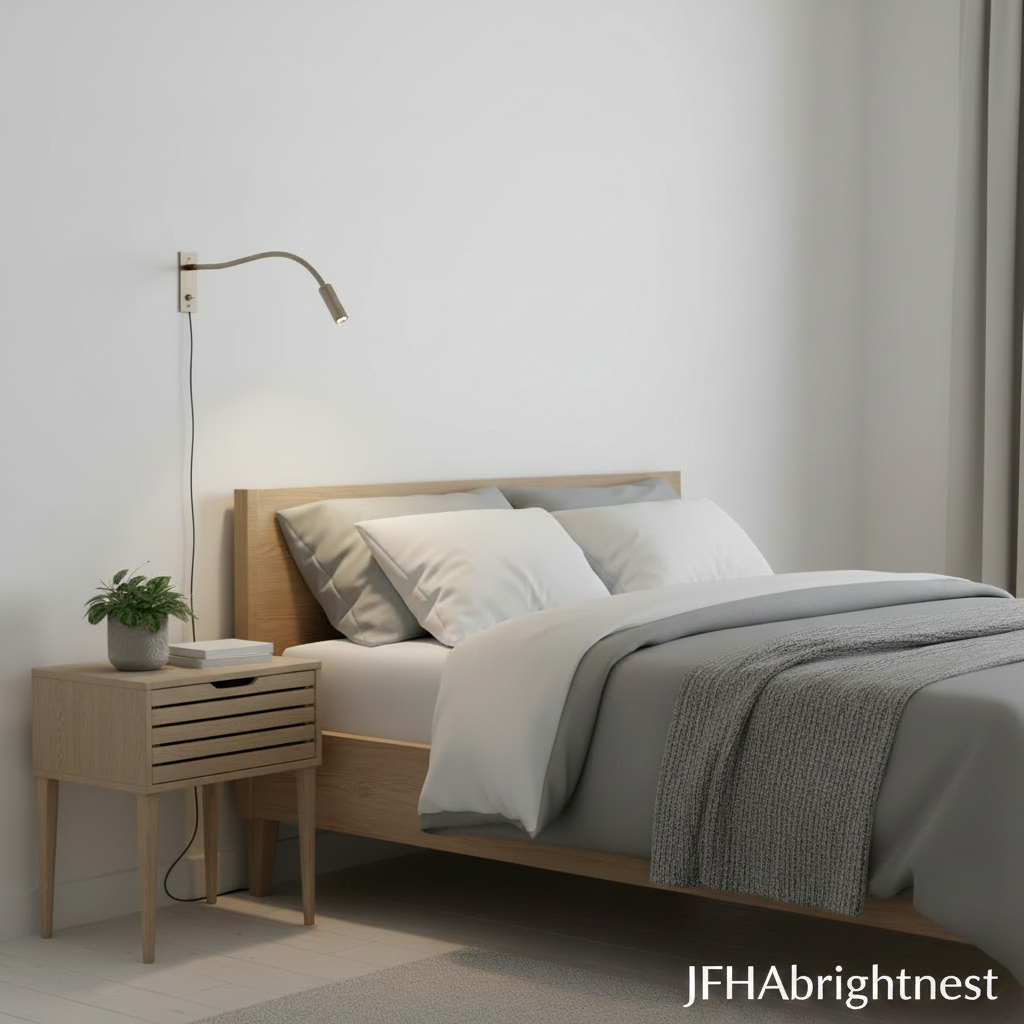 Brushed nickel Halden reading wall light mounted beside a bed
