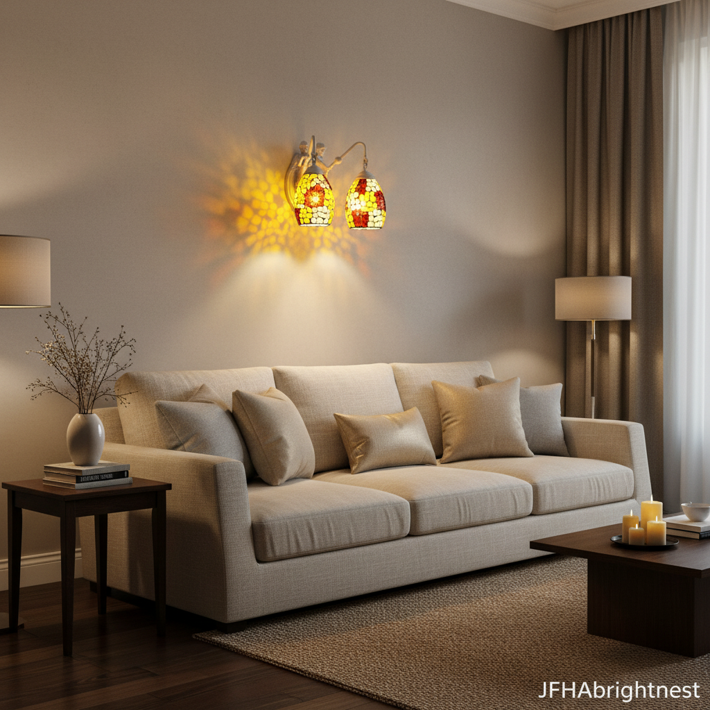 Yellow Tiffany stained glass wall sconce lighting a living room wall