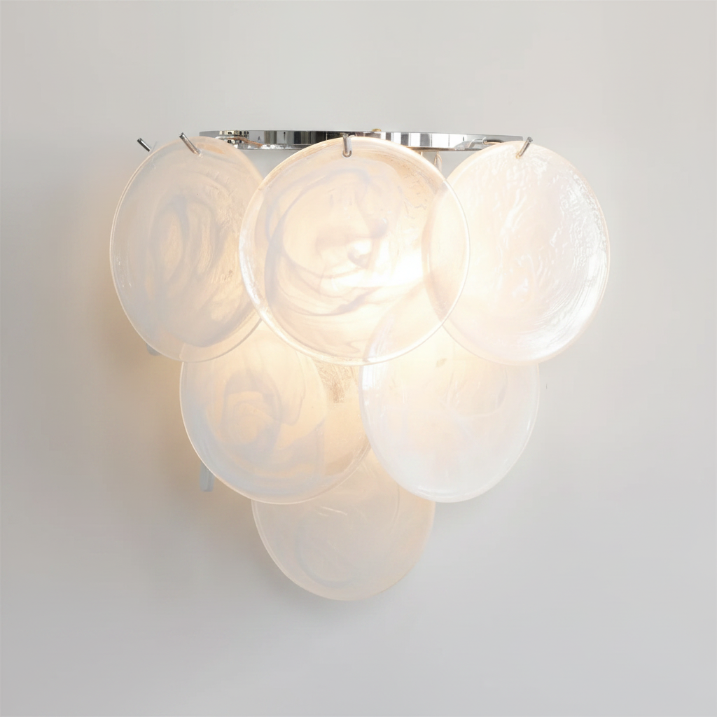 Ephira art glass wall lamp in White with a polished chrome body
