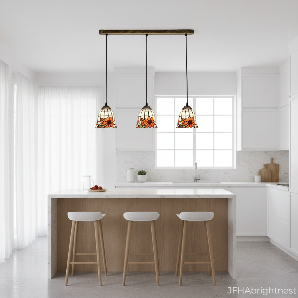 3-light Tiffany orange sunflower pendant white linear canopy over kitchen island lifestyle shot