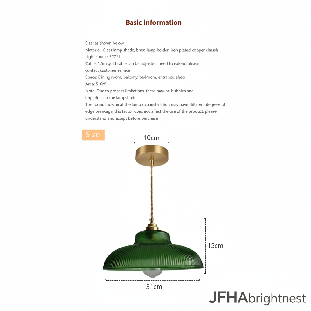 Dimensions diagram: 31cm shade diameter, 15cm shade height, 10cm brass canopy, 150cm cable
