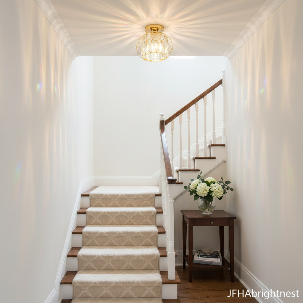 Aurelia gold crystal flush mount ceiling light on a staircase landing