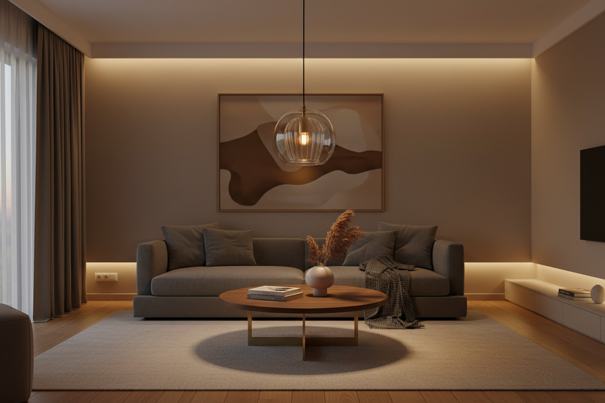 Amber glass globe pendant light in modern living room