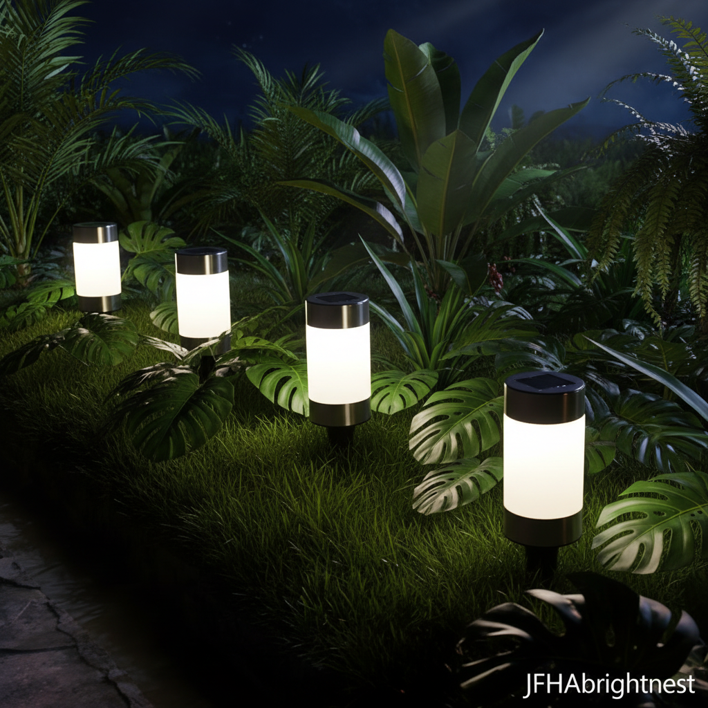 Rowan solar LED garden stake lights in tropical garden at midnight with JFHAbrightnest branding