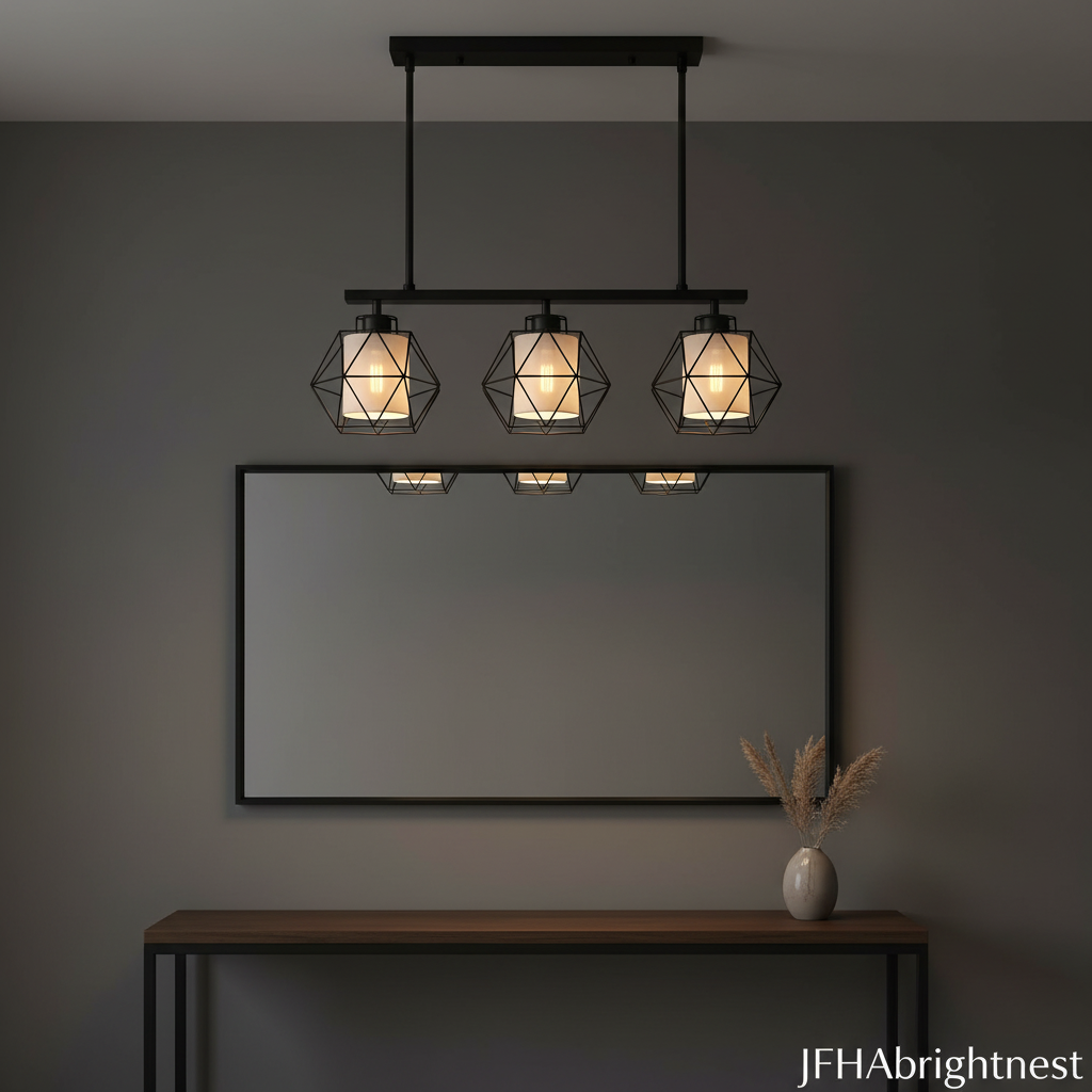 3-light black diamond cage pendant linear canopy in modern hallway