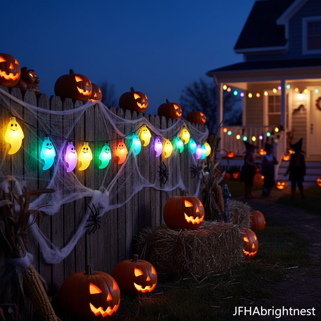 Wisp Halloween ghost solar fairy lights multicolour variant draped along garden fence and porch at Halloween night with JFHAbrightnest branding