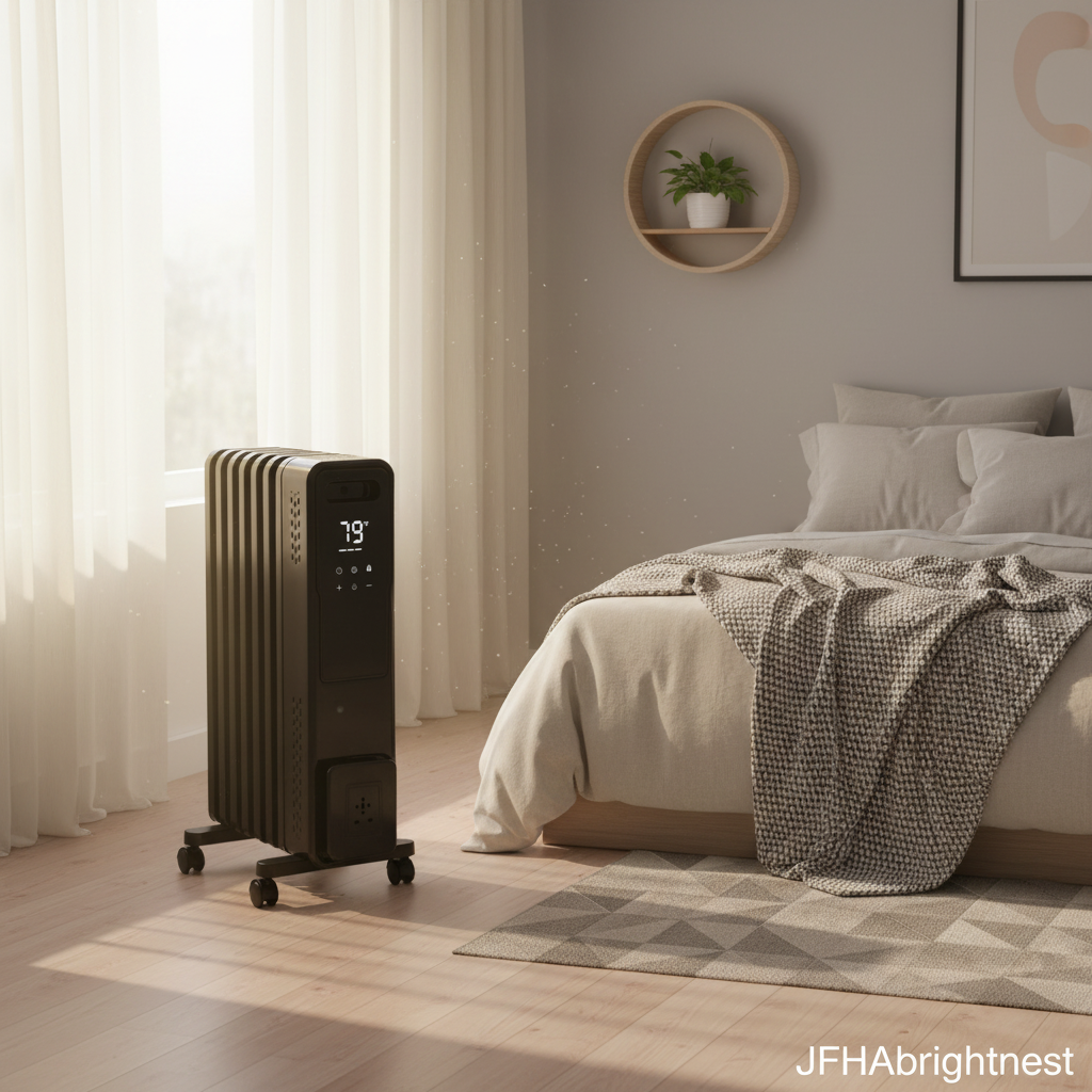 Solen oil-filled radiator in black in a bedroom beside the window
