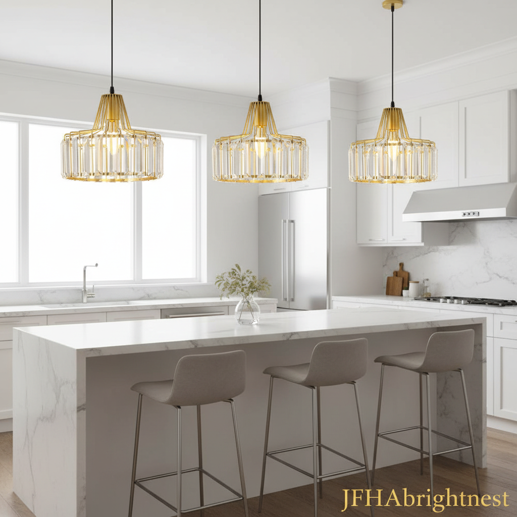 Gold Crystal Pendant Light - row of three over kitchen island