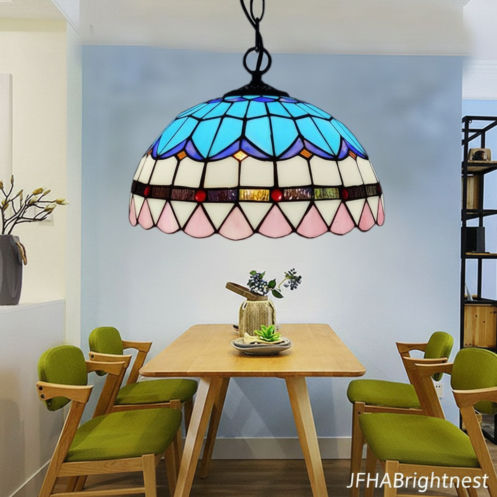 Pink and blue Tiffany stained glass dome pendant light – dining table lifestyle photo