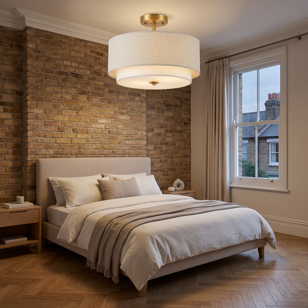 Gold flax fabric ceiling lamp in a British bedroom with exposed brick and herringbone flooring