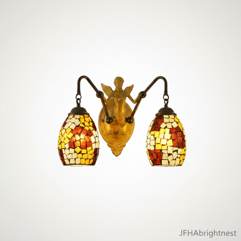 Tiffany stained glass wall sconce in Yellow - amber mosaic globe shades on an antique bronze mermaid frame