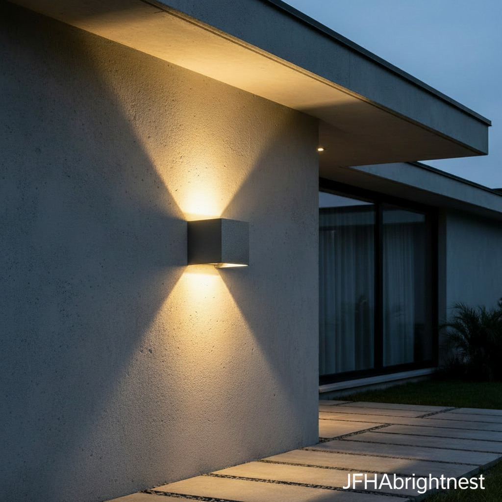Grey Norvik outdoor wall light lit at night showing twin up and down beams