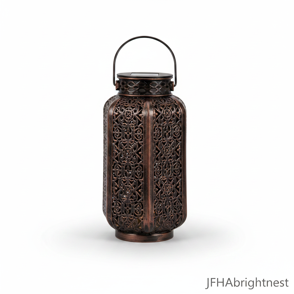 Antique bronze hanging solar lantern with cut-out hollow pattern and iron handle, studio shot on white