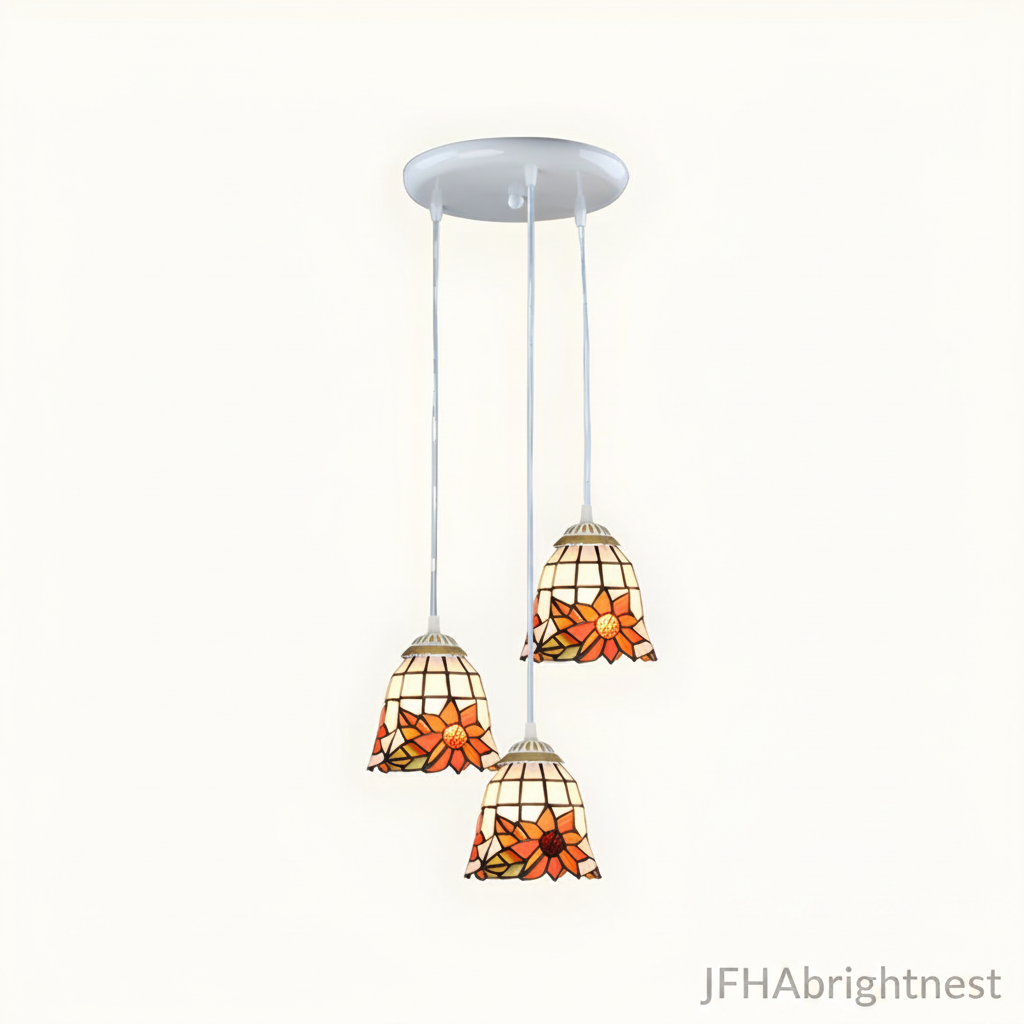 3-light Tiffany stained glass cluster pendant with white round canopy and orange sunflower shades