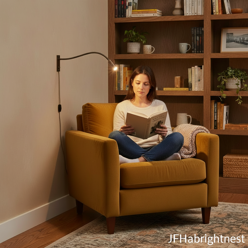 Bronze Halden reading wall light in a reading corner