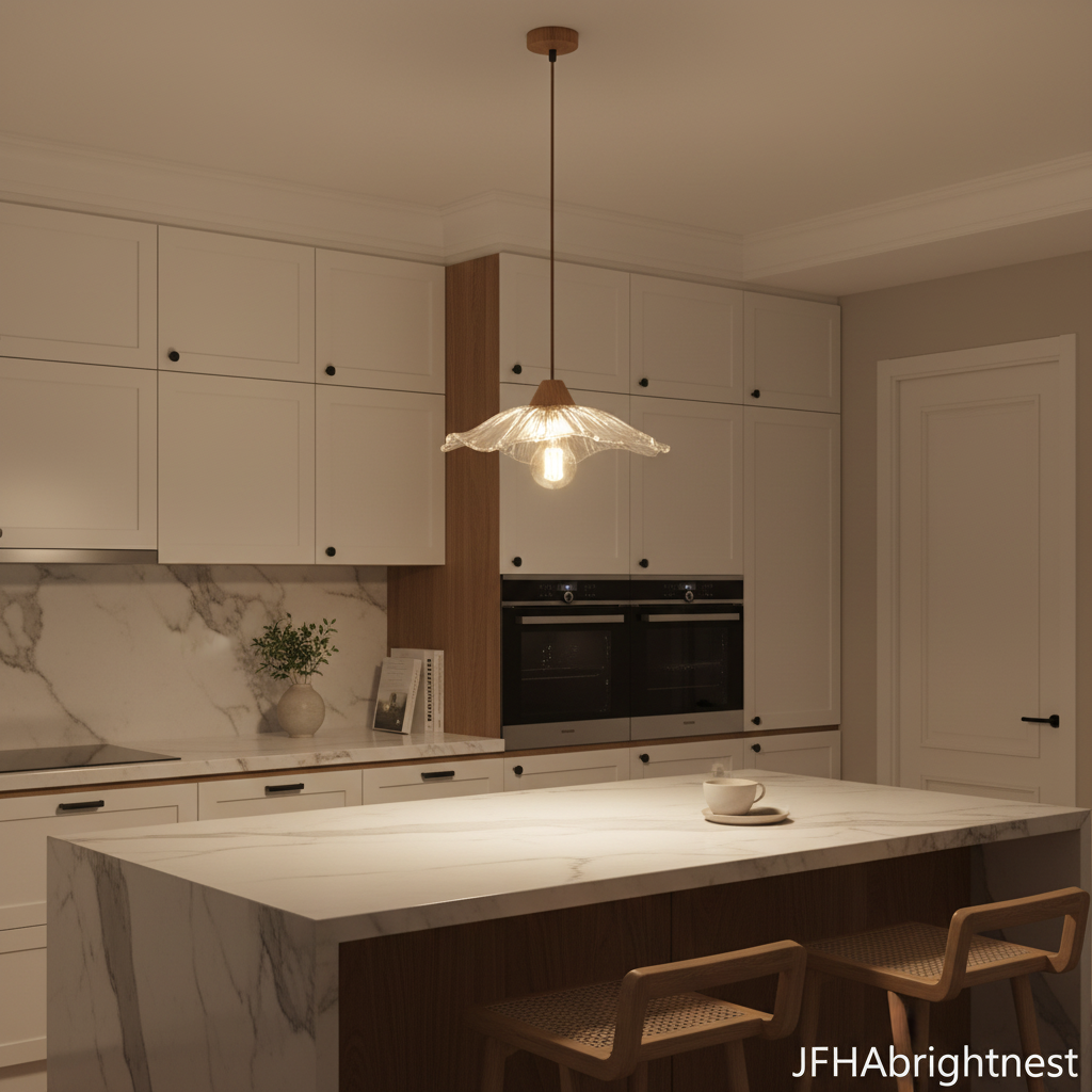 1-light flower pendant above kitchen island in modern interior