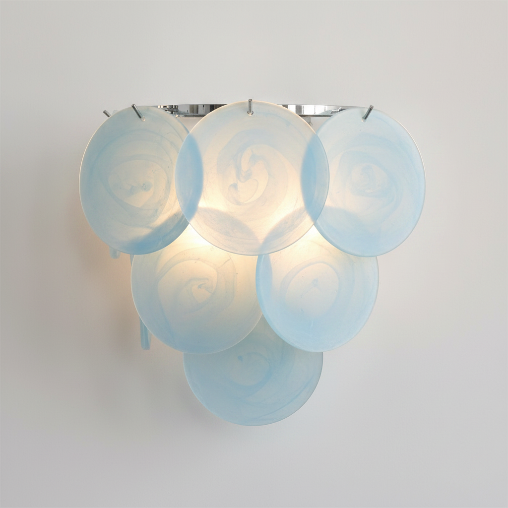 Ephira art glass wall lamp in Glacier Blue with a polished chrome body