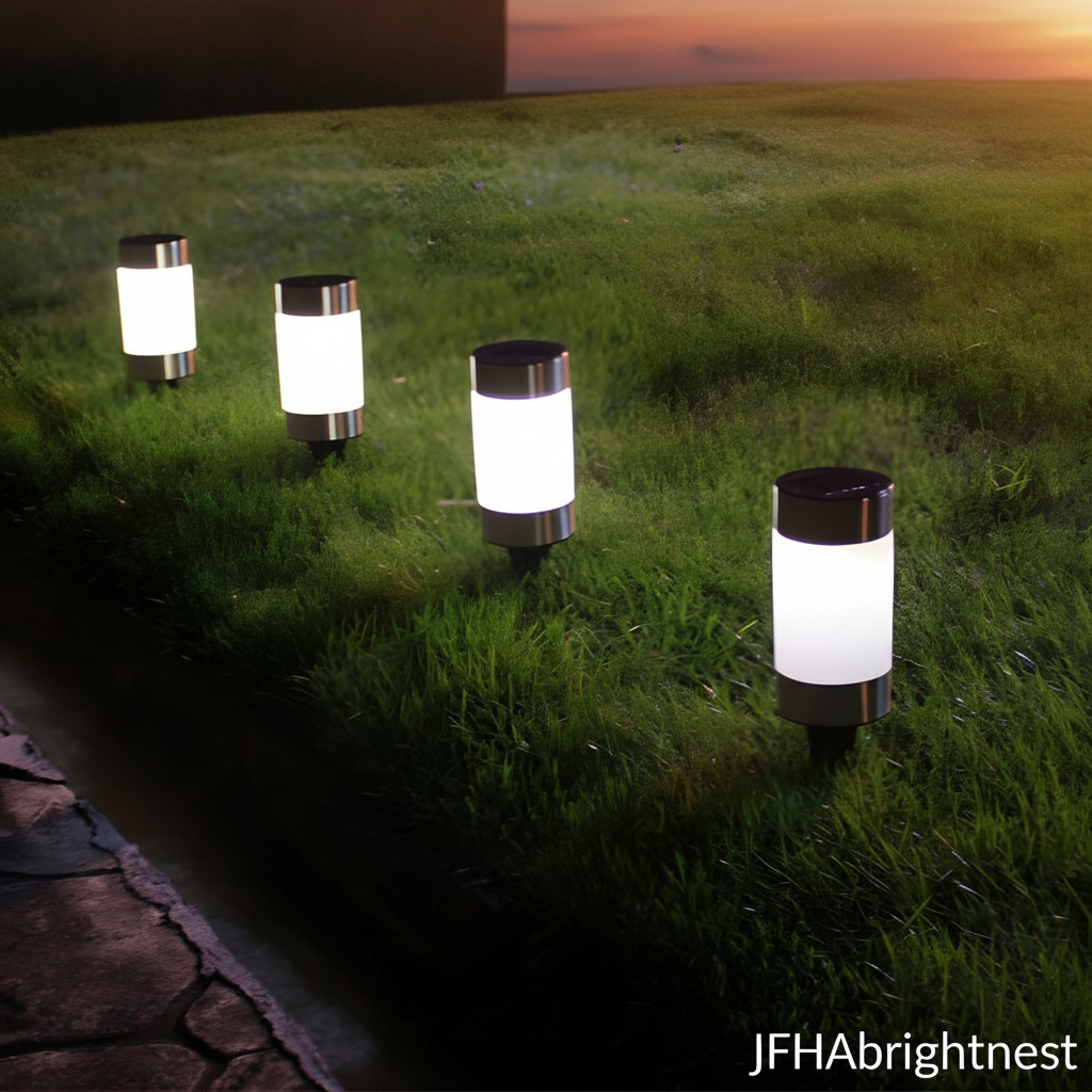Rowan solar LED garden stake lights in modern courtyard at golden hour sunset with JFHAbrightnest branding