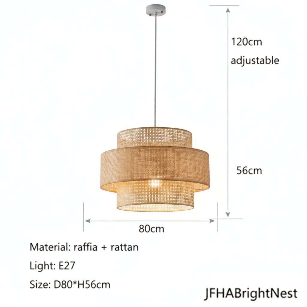 Dimension diagram of the woven rattan pendant light, 80cm diameter and 56cm high, with a 120cm adjustable cord